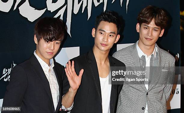 Lee Hyun-Woo, Kim Soo-Hyun and Park Ki-Woong attend 'Secretly and Greatly' VIP press screening at COEX Megabox on May 27, 2013 in Seoul, South Korea.