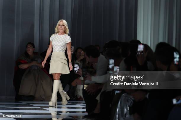 Donatella Versace walks the runway at the Versace fashion show during the Milan Fashion Week Womenswear Spring/Summer 2024 on September 22, 2023 in...