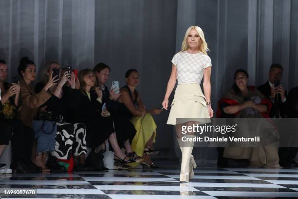 Donatella Versace walks the runway at the Versace fashion show during the Milan Fashion Week Womenswear Spring/Summer 2024 on September 22, 2023 in...