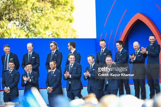 Team players, from top right, Max Homa, Brian Harman, Rickie Fowler, Wyndham Clark, Patrick Cantlay, Sam Burns, Vice Captain Steve Stricker, Vice...