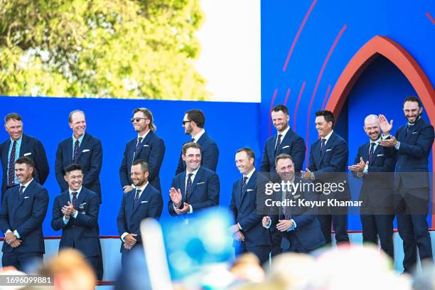 Team players, from top right, Max Homa, Brian Harman, Rickie Fowler, Wyndham Clark, Patrick Cantlay, Sam Burns, Vice Captain Steve Stricker, Vice...