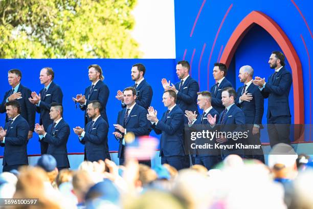 Team players, from top right, Max Homa, Brian Harman, Rickie Fowler, Wyndham Clark, Patrick Cantlay, Sam Burns, Vice Captain Steve Stricker, Vice...