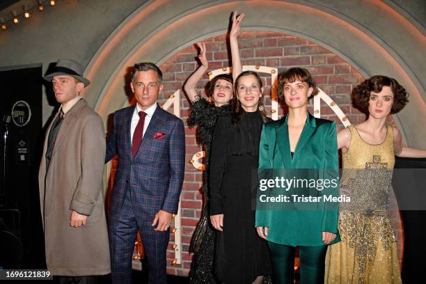 Volker Bruch, Meret Becker and Liv Lisa Fries during the "Babylon Berlin" new theme section opening at Madame Tussauds Berlin on September 28, 2023...