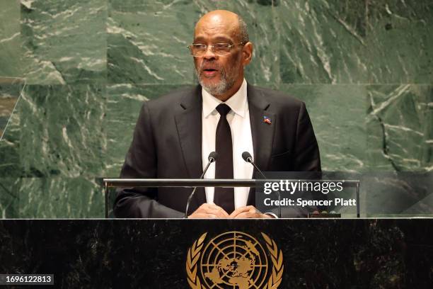 Haitian Prime Minister Ariel Henry addresses world leaders during the United Nations General Assembly on September 22, 2023 in New York City....