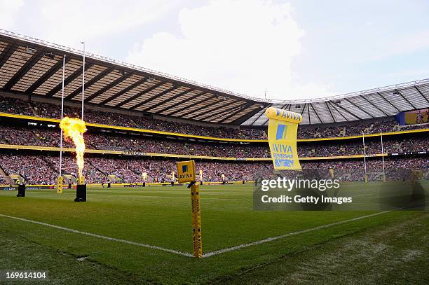 General view of Twickenham stadium as flame throwers burn before during the Aviva Premiership Final between Leicester Tigers and Northampton Saints...