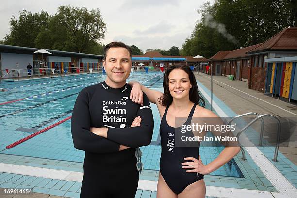 David Walliams and Keri-Anne Payne during the launch of the British Gas SwimBritain at London Fields Lido on May 29, 2013 in London, England....