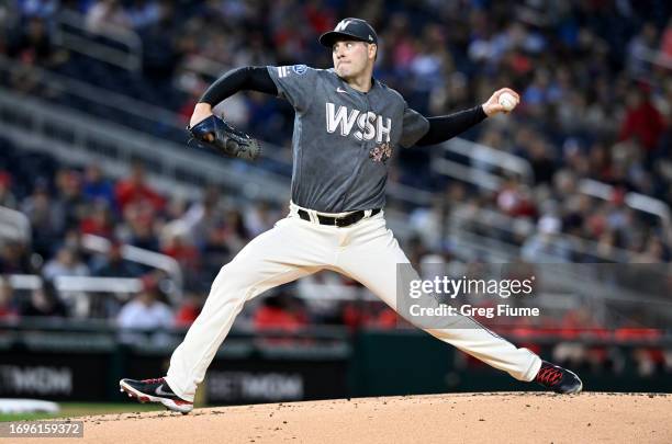 Patrick Corbin of the Washington Nationals pitches in the first inning against the Atlanta Braves at Nationals Park on September 22, 2023 in...