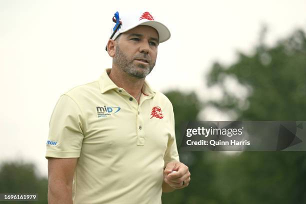 Sergio Garcia reacts after a putt on the 14th hole during day one of the LIV Golf Invitational - Chicago at Rich Harvest Farms on September 22, 2023...