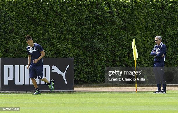 Stephan El Shaarawy and doctor Enrico Castellacci during an Italy training session at Coverciano on May 29, 2013 in Florence, Italy.