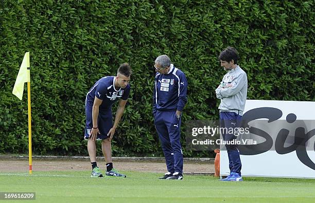 Stephan El Shaarawy and doctor Enrico Castellacci during an Italy training session at Coverciano on May 29, 2013 in Florence, Italy.