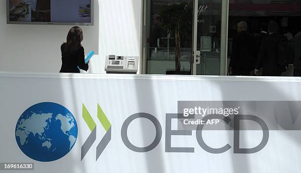 Participant stands at the OECD headquarters in Paris during the presentation of the Economic Outlook at the 2013 OECD Week on May 29, 2013. AFP PHOTO...