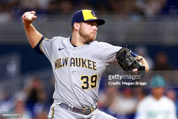 Corbin Burnes of the Milwaukee Brewers pitches against the Miami Marlins during the first inning of the game at loanDepot park on September 22, 2023...