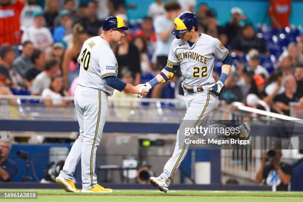 Christian Yelich of the Milwaukee Brewers rounds the bases after hitting a home run against the Miami Marlins during the second inning of the game at...