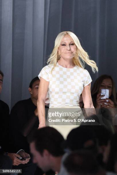 Designer Donatella Versace walks the runway at the Versace fashion show during the Milan Fashion Week Womenswear Spring/Summer 2024 on September 22,...