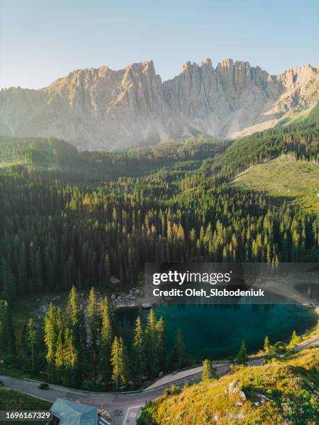 aerial view of lago di braies lake in summer - central europe stock pictures, royalty-free photos & images