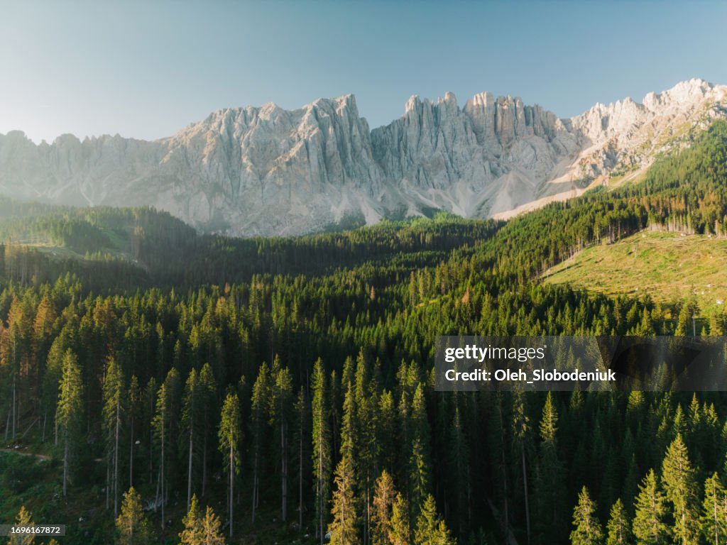 Luftaufnahme des Waldes bei Sonnenuntergang vor dem Hintergrund der Berge in den Dolomiten