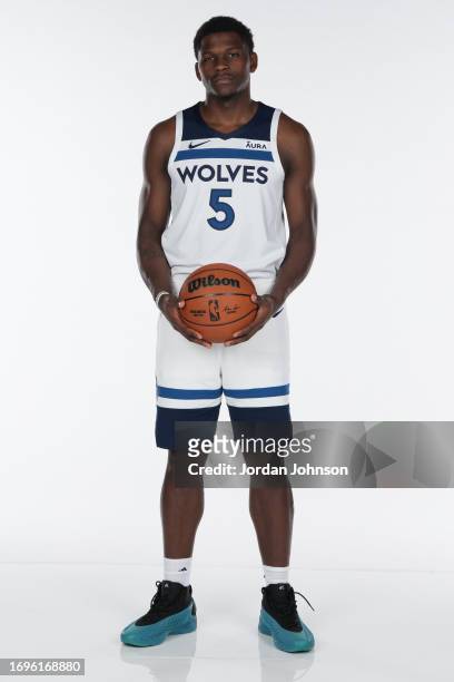 Anthony Edwards of the Minnesota Timberwolves poses for a portrait during 2023 NBA Media Day on September 28, 2023 at Target Center in Minneapolis,...