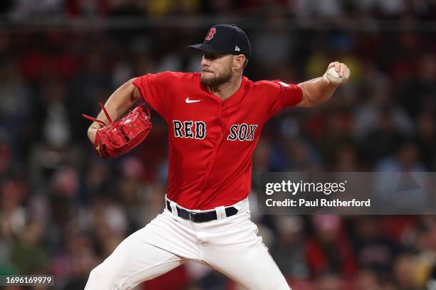 Chris Sale of the Boston Red Sox delivers a pitch during the second inning against the Chicago White Sox at Fenway Park on September 22, 2023 in...