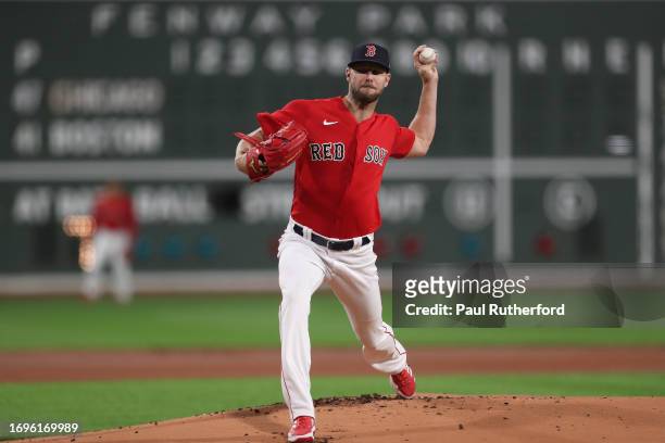 Chris Sale of the Boston Red Sox delivers a pitch during the first inning against the Chicago White Sox at Fenway Park on September 22, 2023 in...