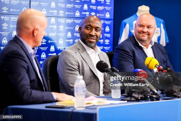 Darren Moore attends his first press conference since being appointed first team manager of Huddersfield Town at Millers Oils High Performance...