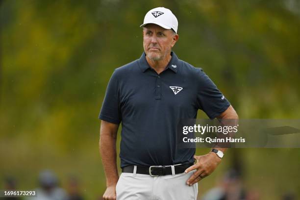 Phil Mickelson reacts after a putt on the 15th holeduring day one of the LIV Golf Invitational - Chicago at Rich Harvest Farms on September 22, 2023...