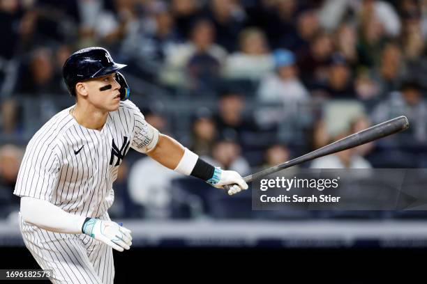 Aaron Judge of the New York Yankees hits a three-run home run during the third inning of the game against the Arizona Diamondbacks at Yankee Stadium...