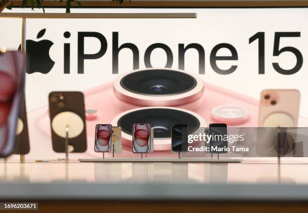 New Apple iPhone 15 models are displayed in the Apple The Grove store on the phone’s worldwide release day on September 22, 2023 in Los Angeles,...