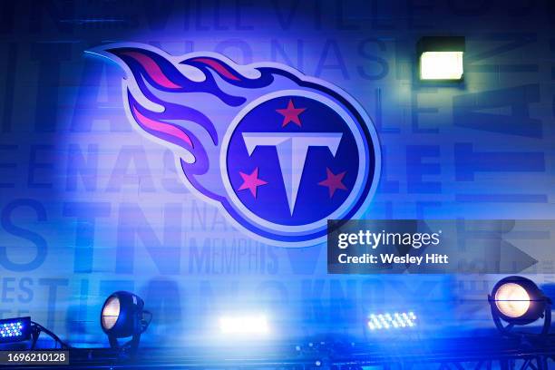 Logo of the Tennessee Titans on the wall before the game against the Los Angeles Chargers at Nissan Stadium on September 17, 2023 in Nashville,...