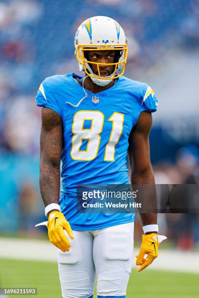 Mike Williams of the Los Angeles Chargers warms up before the game against the Tennessee Titans at Nissan Stadium on September 17, 2023 in Nashville,...