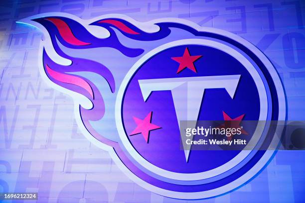 Logo of the Tennessee Titans on the wall before the game against the Los Angeles Chargers at Nissan Stadium on September 17, 2023 in Nashville,...