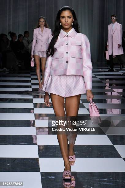 Model walks the runway during the Versace Ready to Wear Spring/Summer 2024 fashion show as part of the Milan Fashion Week on September 22, 2023 in...