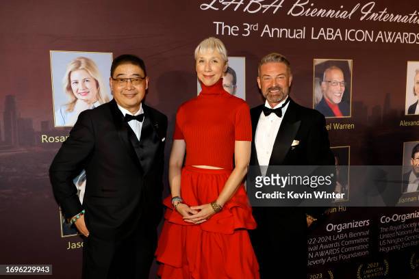 Joey Zhou, Alexandra Grant, and Todd Williamson attend The 3rd Los Angeles Beverly Arts Icon Awards at Four Seasons Hotel Los Angeles at Beverly...