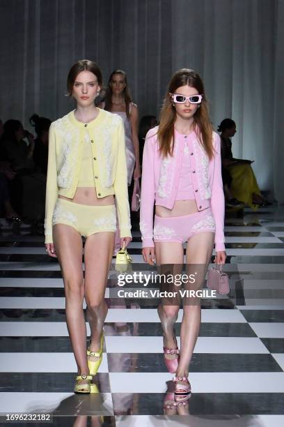 Model walks the runway during the Versace Ready to Wear Spring/Summer 2024 fashion show as part of the Milan Fashion Week on September 22, 2023 in...