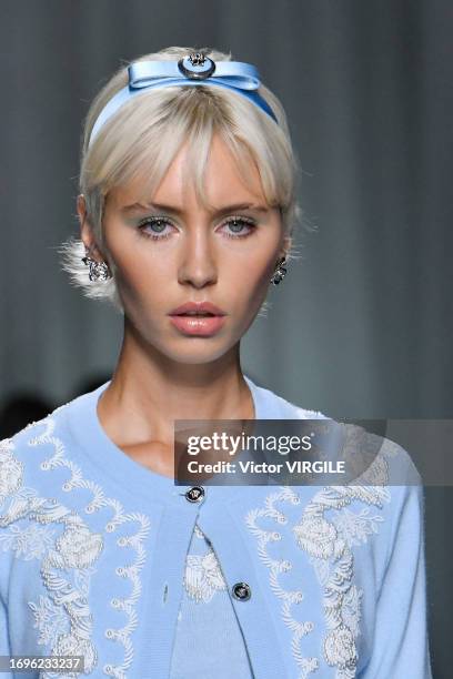 Model walks the runway during the Versace Ready to Wear Spring/Summer 2024 fashion show as part of the Milan Fashion Week on September 22, 2023 in...