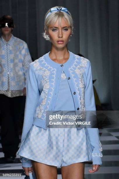 Model walks the runway during the Versace Ready to Wear Spring/Summer 2024 fashion show as part of the Milan Fashion Week on September 22, 2023 in...