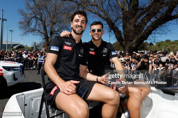 Josh Daicos and Nick Daicos of the Magpies are seen during the 2023 AFL Grand Final Parade on September 29, 2023 in Melbourne, Australia.