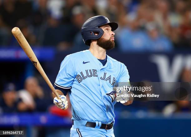 Brandon Belt of the Toronto Blue Jays hits a 3-run home run in the sixth inning against the New York Yankees at Rogers Centre on September 28, 2023...