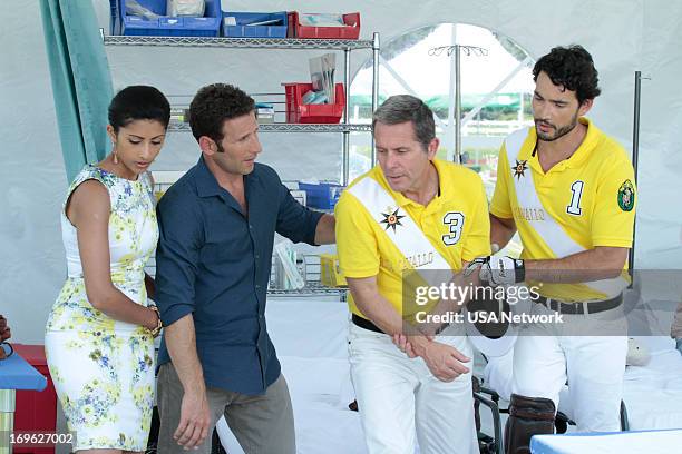 Episode 410 "Who's Your Daddy" -- Pictured: Reshma Shetty as Divya Katdare, Mark Feuerstein as Dr. Hank Lawson, Gary Cole as Wes Braddock, Khotan...