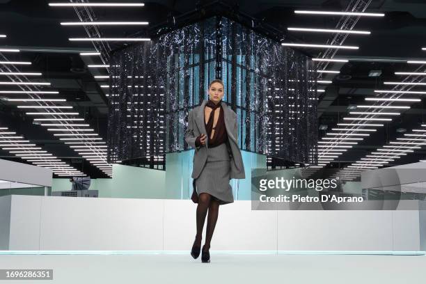 Gigi Hadid walks the runway at the Boss fashion show during the Milan Fashion Week Womenswear Spring/Summer 2024 on September 22, 2023 in Milan,...