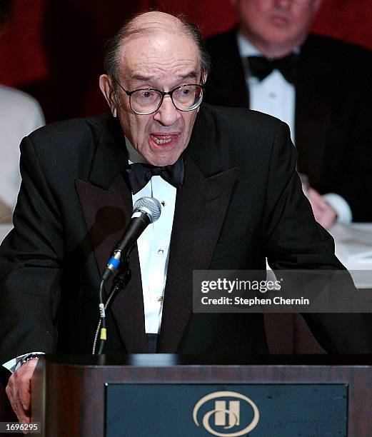 Federal Reserve Board Chairman Alan Greenspan addresses the Economic Club Decemeber 19, 2002 in New York City.