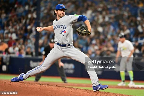 Jordan Romano of the Toronto Blue Jays delivers a pitch to the Tampa Bay Rays in the eighth inning at Tropicana Field on September 22, 2023 in St...