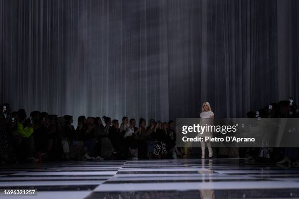 Designer Donatella Versace walks the runway at the Versace fashion show during the Milan Fashion Week Womenswear Spring/Summer 2024 on September 22,...