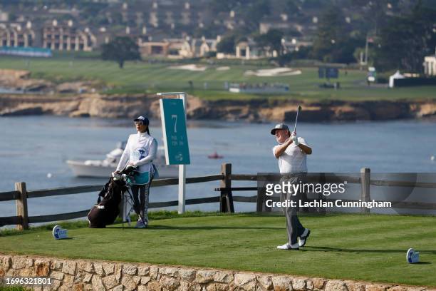 Jeff Maggert hits a tee shot of the 7th hole during the first round of the PURE Insurance Championship at Pebble Beach Golf Links on September 22,...