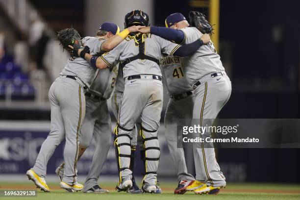 Milwaukee Brewers celebrate defeating the Miami Marlins 16-1 at loanDepot park on September 22, 2023 in Miami, Florida.