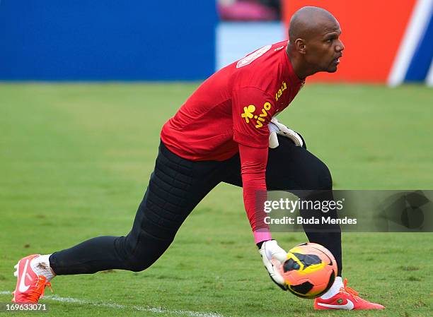 Goalkeepper Jefferson in action during a training session of the Brazilian National Football Team in School of Physical Education of the Army on May...