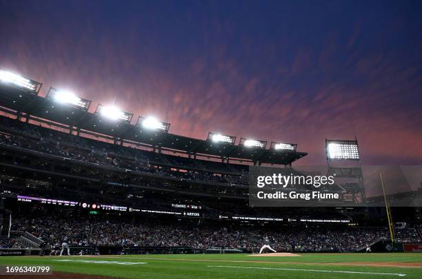 General view is seen of Patrick Corbin of the Washington Nationals pitching to Matt Olson of the Atlanta Braves in the first inning at Nationals Park...
