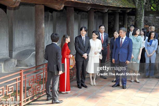 Crown Prince Fumihito, Crown Prince Akishino and Crown Princess Kiko of Akishino visit Van Mieu on September 21, 2023 in Hanoi, Vietnam.