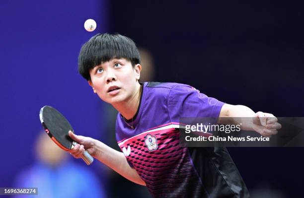 Cheng I-Ching of Chinese Taipei serves in the Table Tennis Women's Team Preliminary Group C match between DPR Korea and Chinese Taipei ahead of the...