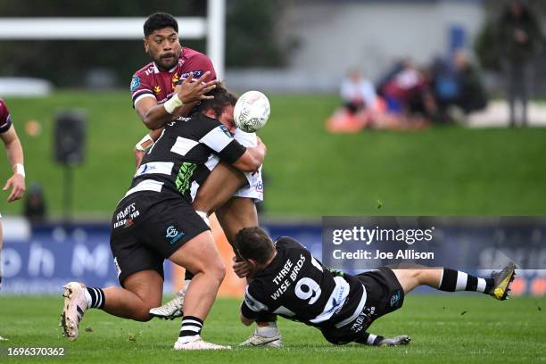 Tevita Latu of Southland offloads the ball during the round eight Bunnings Warehouse NPC match between Southland and Hawke's Bay at Rugby Park...