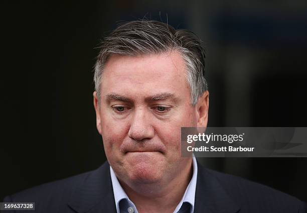 Eddie McGuire speaks to the media outside of the offices of the Triple M radio station on May 30, 2013 in Melbourne, Australia. Eddie McGuire...